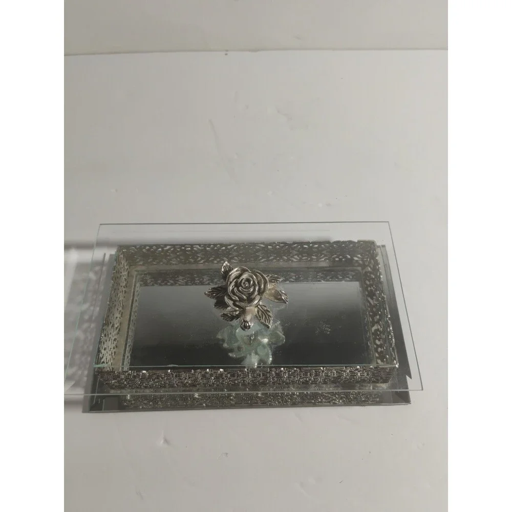 Vintage Studio Silversmiths Rose Filigree Beveled Glass Mirrored Jewelry Box